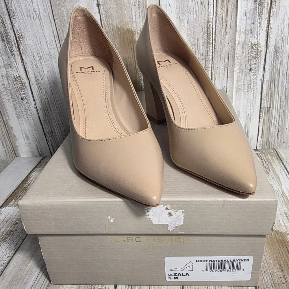 Marc Fisher LTD Zala Block Heel Pointed Toe Pumps Tan Beige Leather 5M